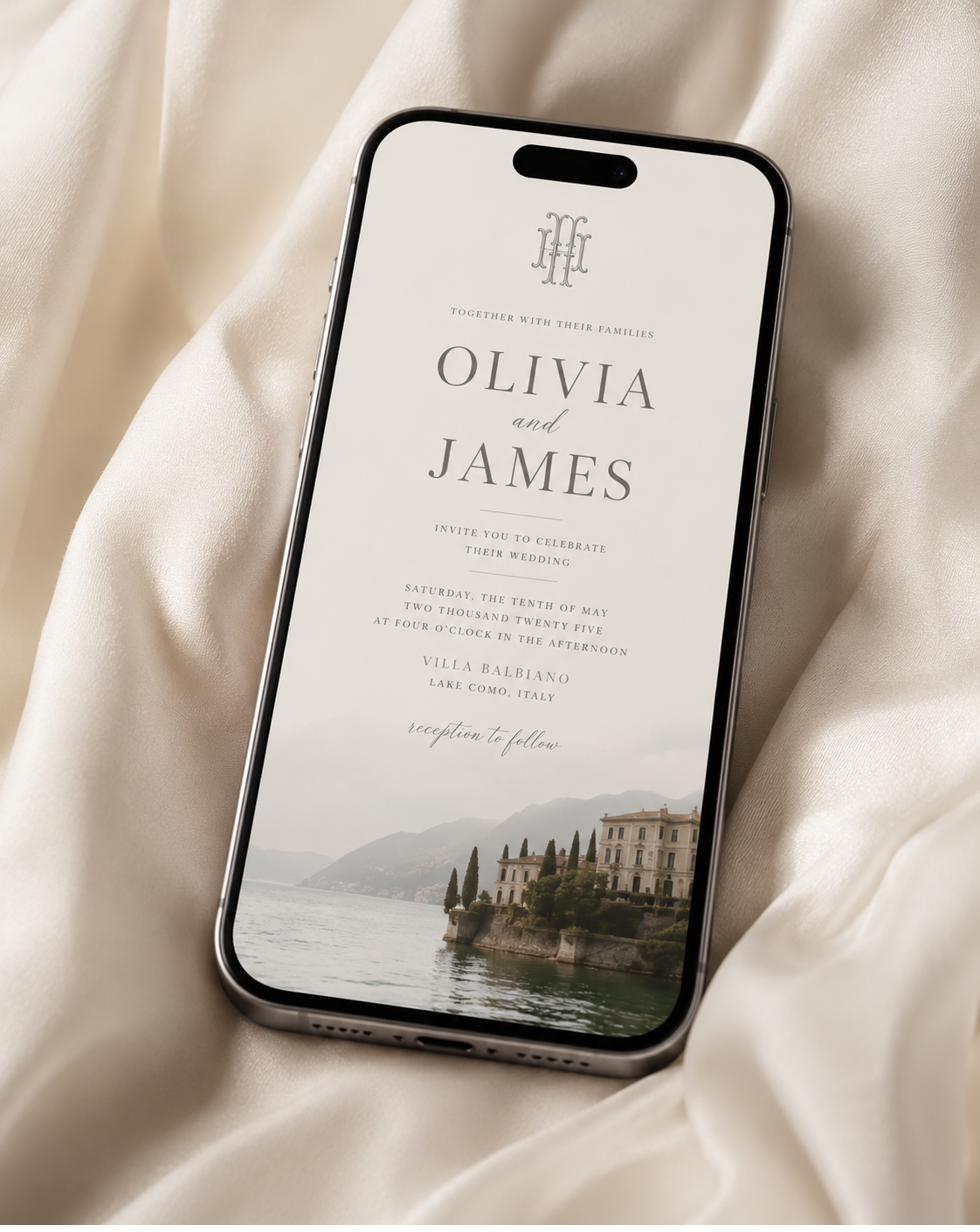 Essential invitation suite shown on a phone