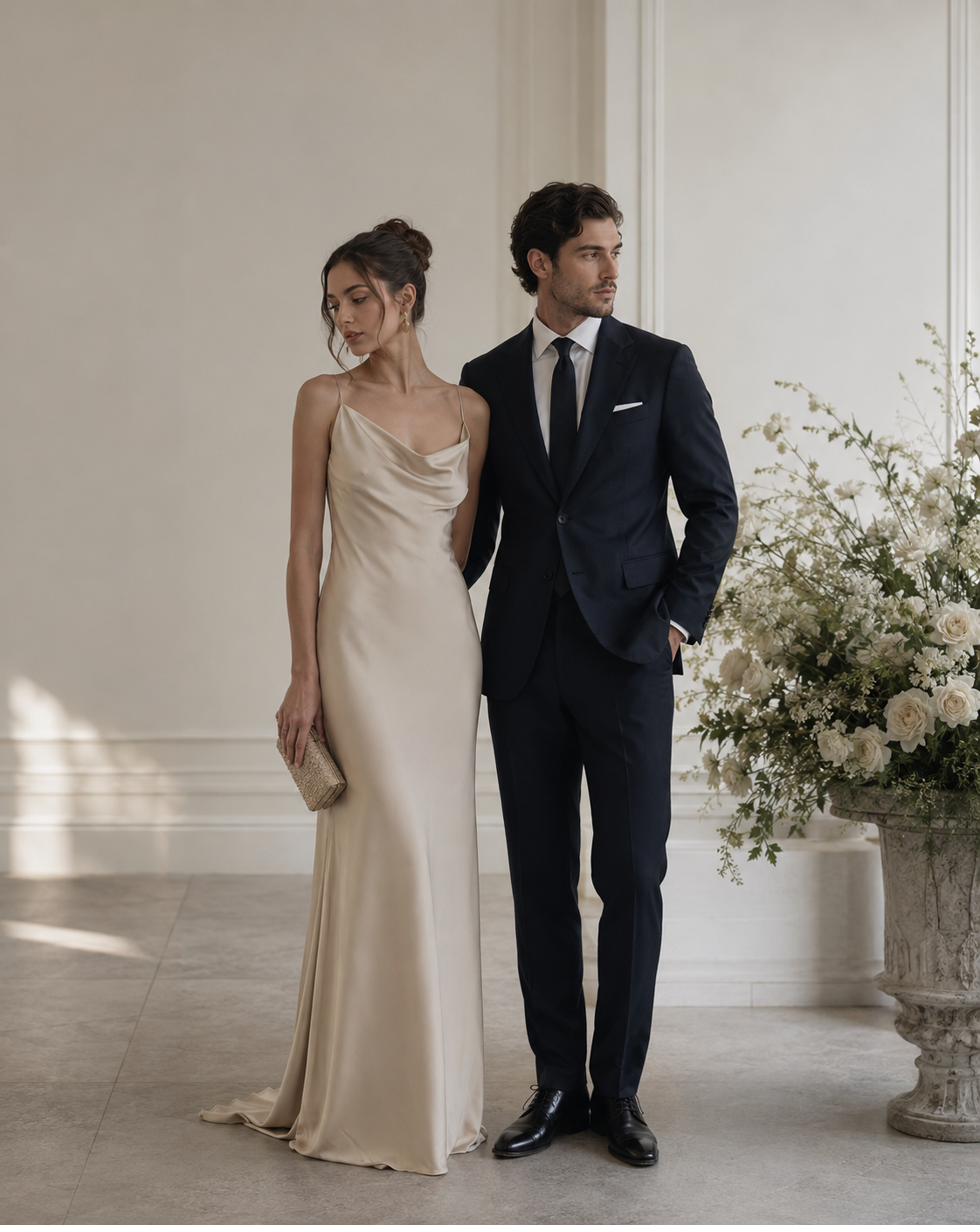 Couple dressed for a formal wedding